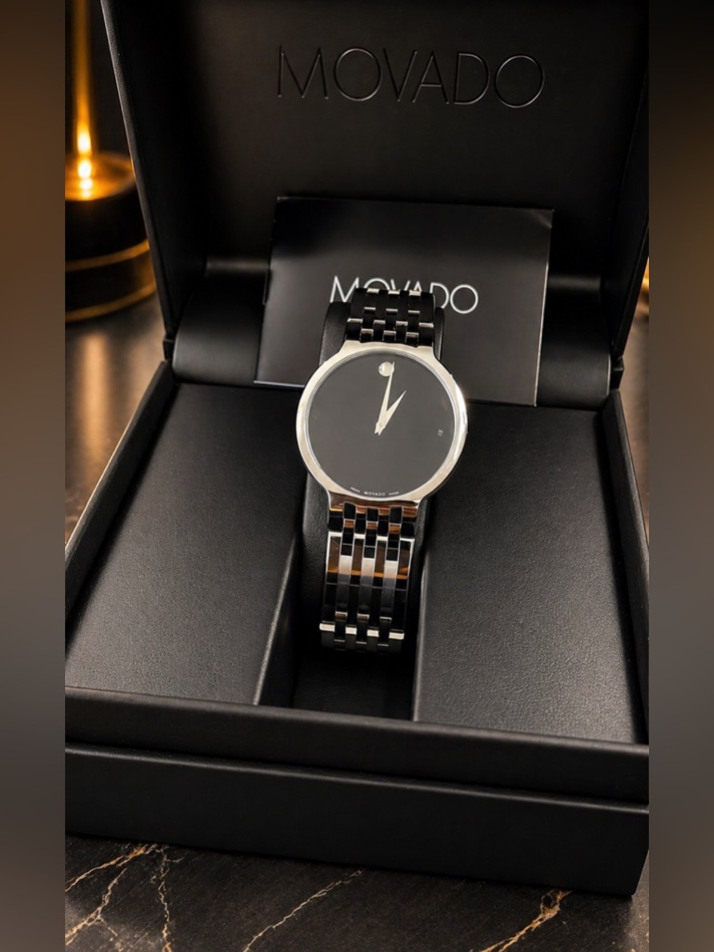 Movado Men’s Swiss Made Watch Black Dial Stainless Steel NEW w/ Box Luxury